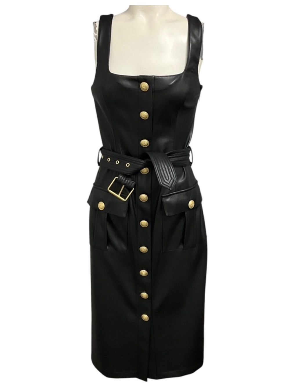 L'Agence Black Idy Button Front Faux Leather Midi Dress